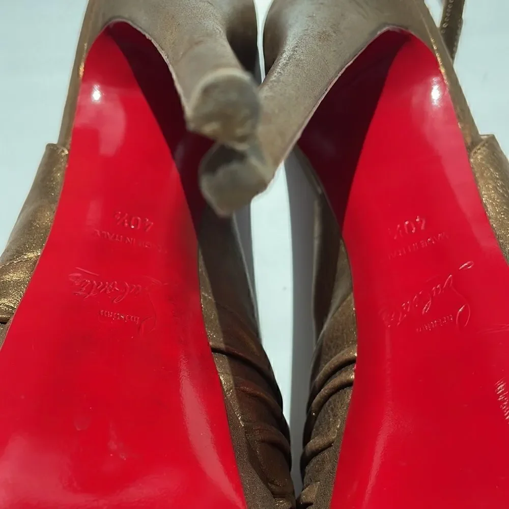 Christian Louboutin Peep Toe Golden Glam Bronze Leather Red Bottom Heels 40.5